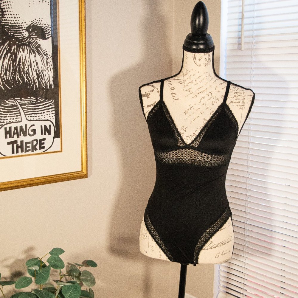 Adorable Black Body Suit with Sheer Floral Detailing